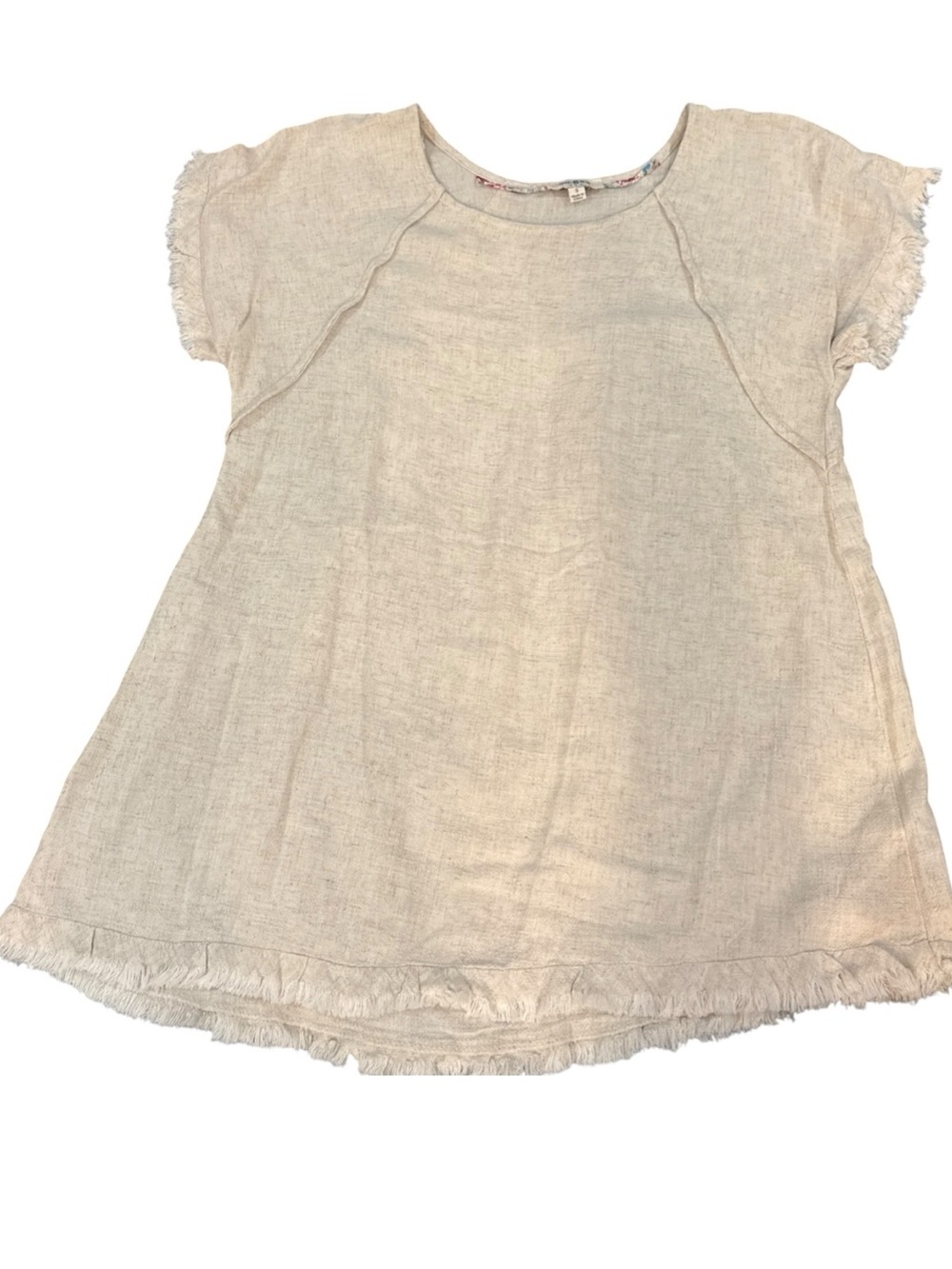 Umgee Linen Cotton Beige Fringe Hem Short Sleeve Top Tunic